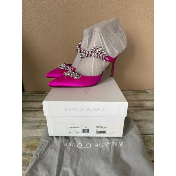 Manolo Blahnik Lurum Pink Satin Crystal 90mm Mule Heels EU 40 w/Box Dust Bag COA - Picture 3 of 16